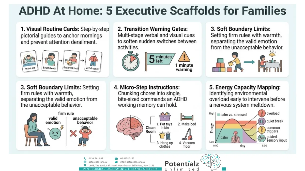 ADHD at home — five executive scaffolds for families: routine cards, transition warnings, soft limits, micro-steps, and energy mapping