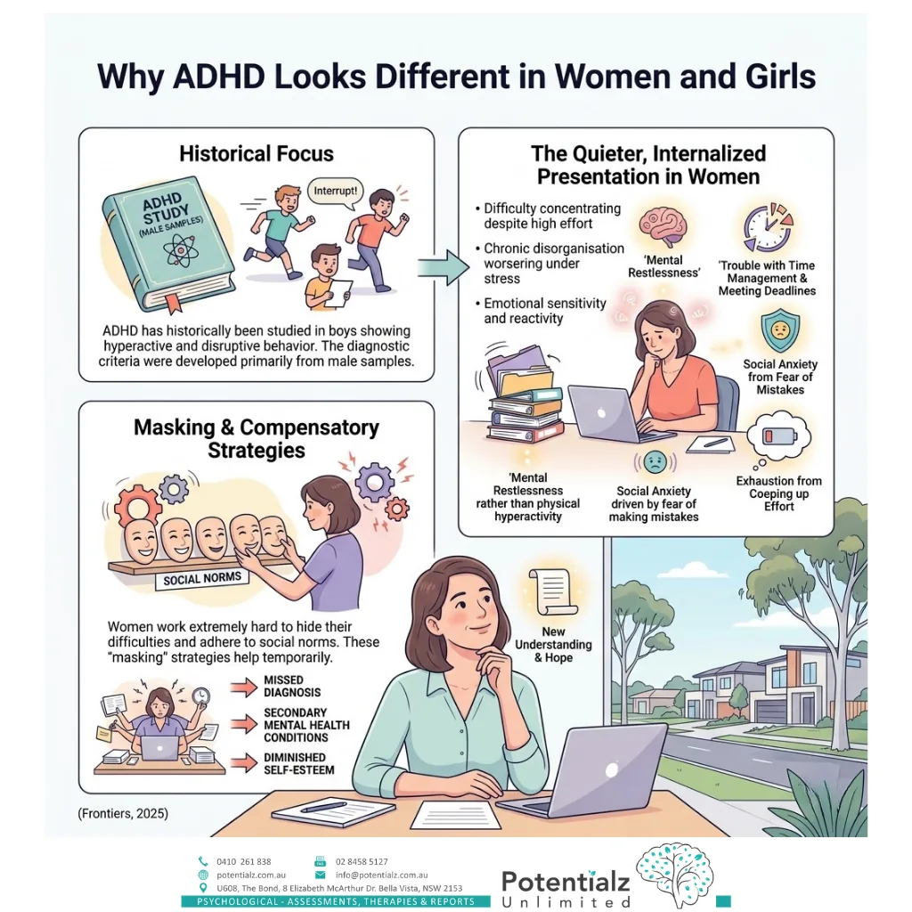 Infographic showing how ADHD symptoms in women change across life stages — puberty, pregnancy, postpartum, and perimenopause — with estrogen-dopamine interaction noted