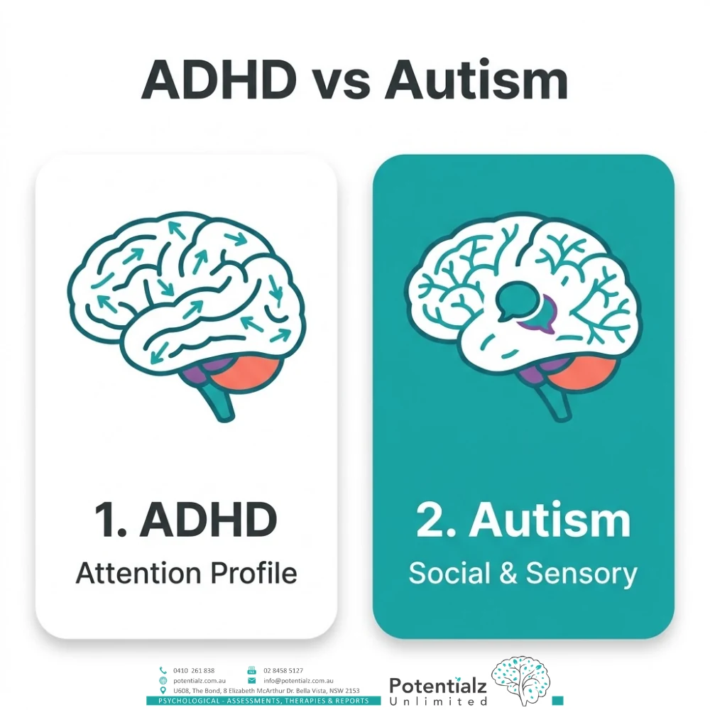ADHD versus autism central distinction — ADHD attention profile versus autism social and sensory profile
