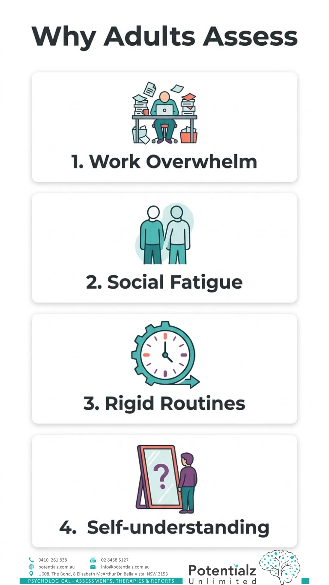 Four reasons adults seek a neurodevelopmental assessment — work overwhelm, social fatigue, rigid routines, self-understanding