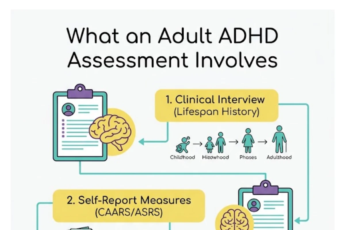 Infographic: the four strands of an adult ADHD assessment — detailed clinical interview across childhood and adult life, standardised self-report measures (CAARS, ASRS), cognitive screen (WAIS-based) where indicated, and a feedback session with written report