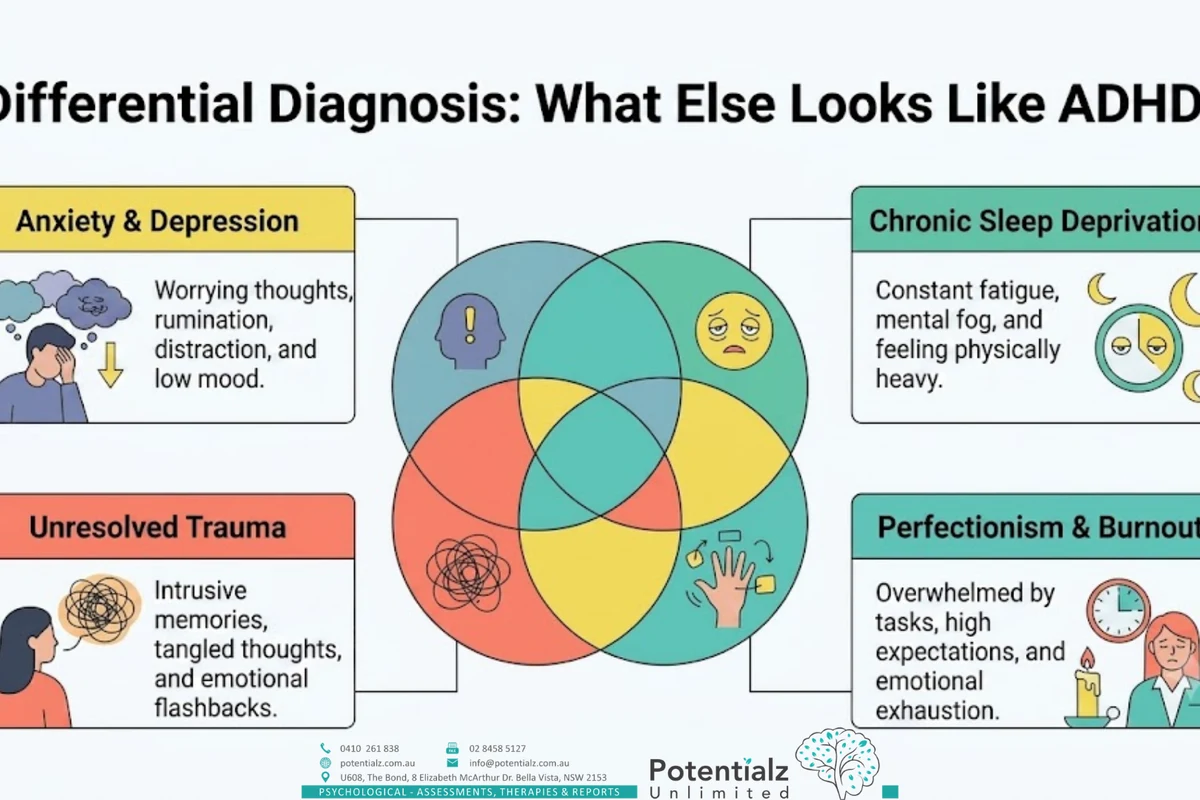 Infographic: five recognisable groups of adults seeking ADHD assessment — the person 'missed at school', women diagnosed late, high-effort compensators, adults whose anxiety or depression treatment left a residual attention pattern, and family members of someone recently diagnosed