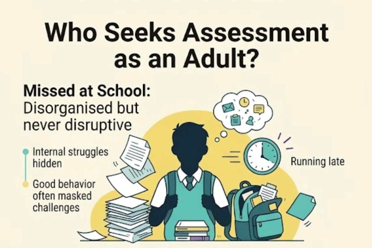 Infographic: the three DSM-5 ADHD presentations — predominantly inattentive (internally busy, often missed in girls and women), predominantly hyperactive-impulsive (inner restlessness, blurting, impulsive action), and combined (features from both clusters) — describing the shape of the attention system, not worth or intelligence
