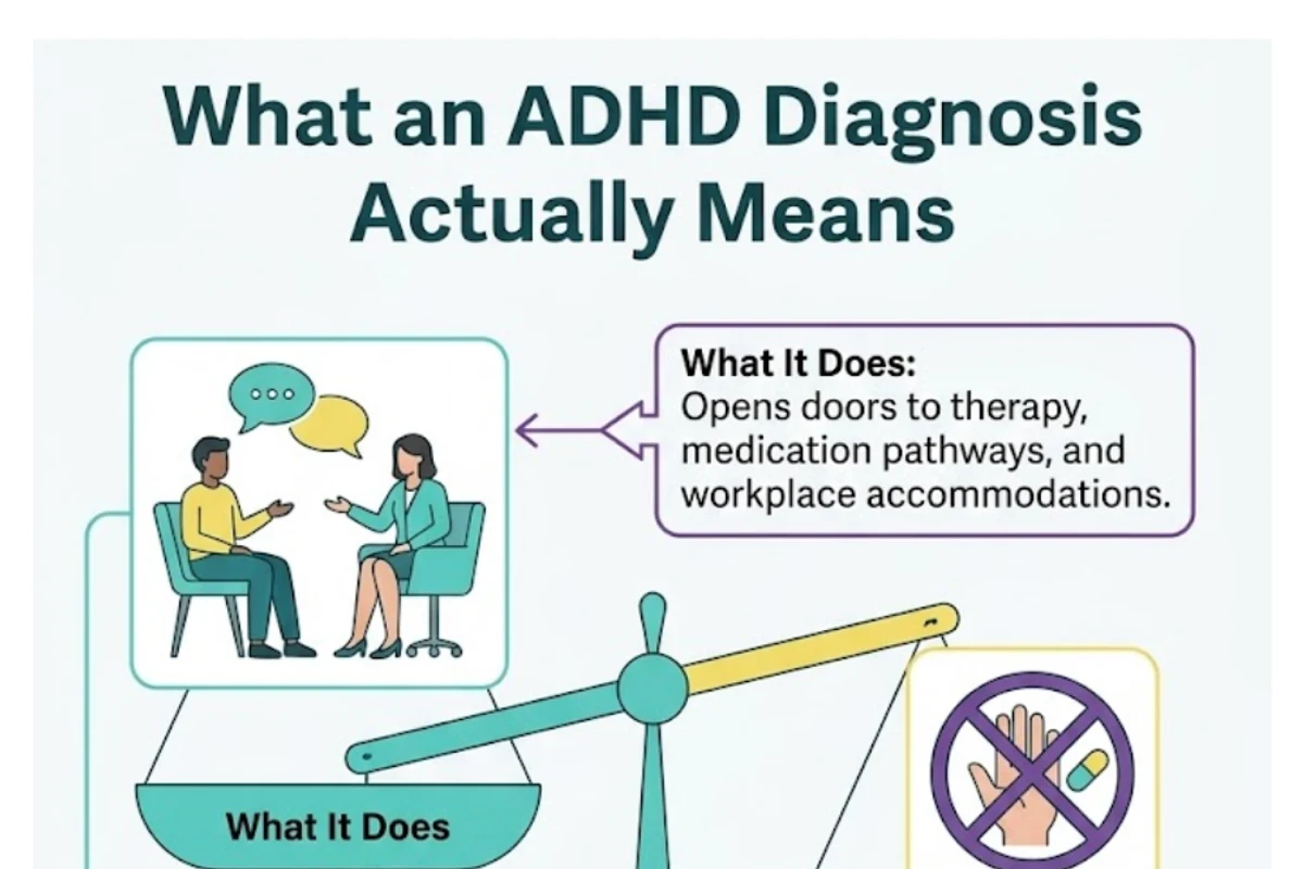 Infographic: post-assessment pathways — therapy (CBT and ACT for daily structure, shame spirals, and co-occurring anxiety and low mood), optional GP-and-psychiatrist pathway for medication, workplace and study accommodations, and the quiet self-understanding work of re-reading your own life through a lens that finally fits