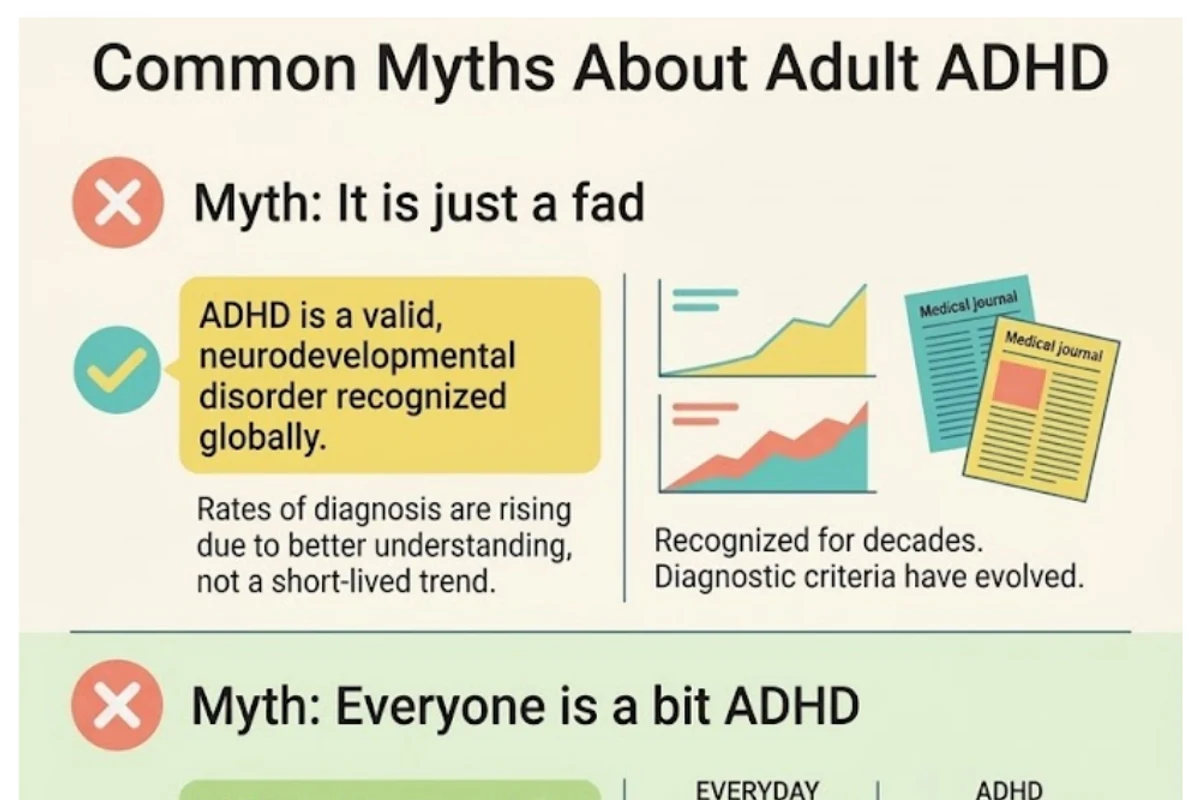 Infographic: five common myths about adult ADHD that keep people from seeking help — 'ADHD is a fad', 'everyone's a bit ADHD', 'stimulants are cheating', 'if you're successful you can't have it', and 'if it were real you'd have had it as a child' — each named directly and answered from the clinical evidence
