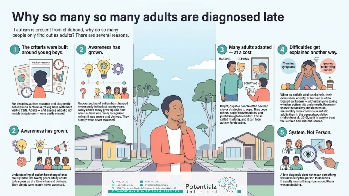 Infographic: autism (DSM-5-TR: Autism Spectrum Disorder) is a lifelong neurodevelopmental difference in social communication, sensory processing, and thinking patterns — not an illness, present from early childhood, and existing on a spectrum