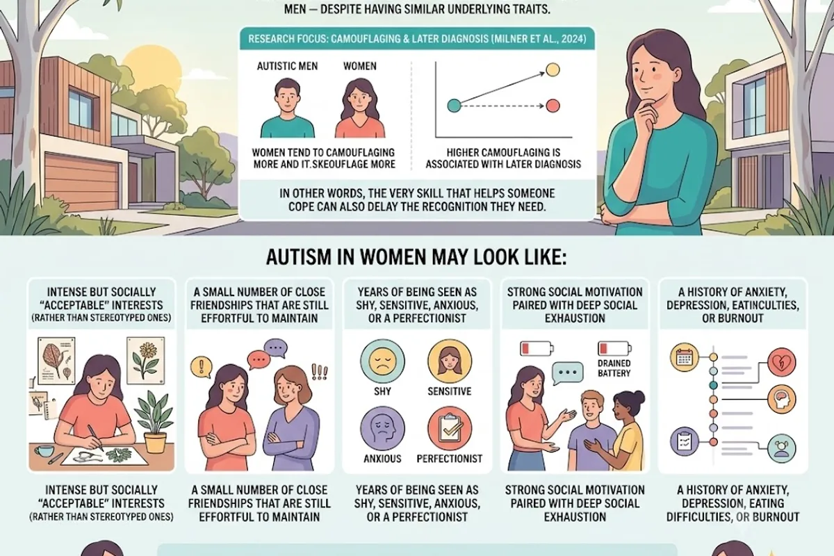 Infographic: why late diagnosis is common — historical criteria built around young boys, narrow stereotypes, high rates of masking, and mental-health co-occurrences (anxiety, depression, ADHD) that get treated in isolation