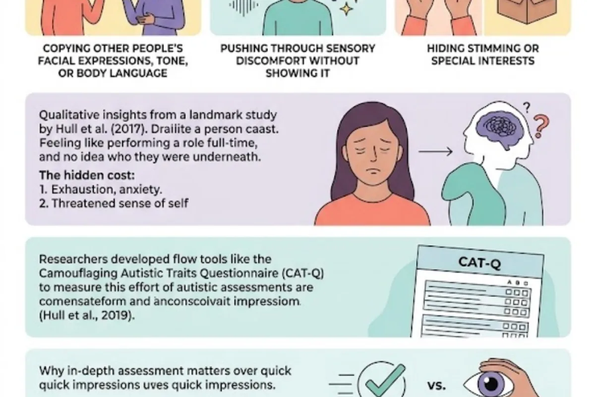 Infographic: autistic masking (Hull et al., 2017) — conscious or unconscious strategies like scripting conversations, forcing eye contact, copying peers, and suppressing stimming; exhausting and linked to burnout, anxiety, and depression