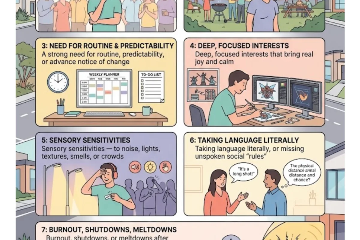 Infographic: autism in women often diverges from the male-based stereotype — higher masking, intense but socially acceptable interests, "friendship copying," social exhaustion after events, and years mislabelled as anxiety or perfectionism (Milner et al., 2024)