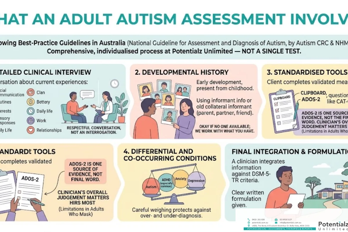 Infographic: common signs adults notice — social exhaustion, sensory sensitivities, deep focused interests, need for routine and sameness, difficulty with unwritten rules, feeling different since childhood, and repeated late-hit anxiety or burnout episodes
