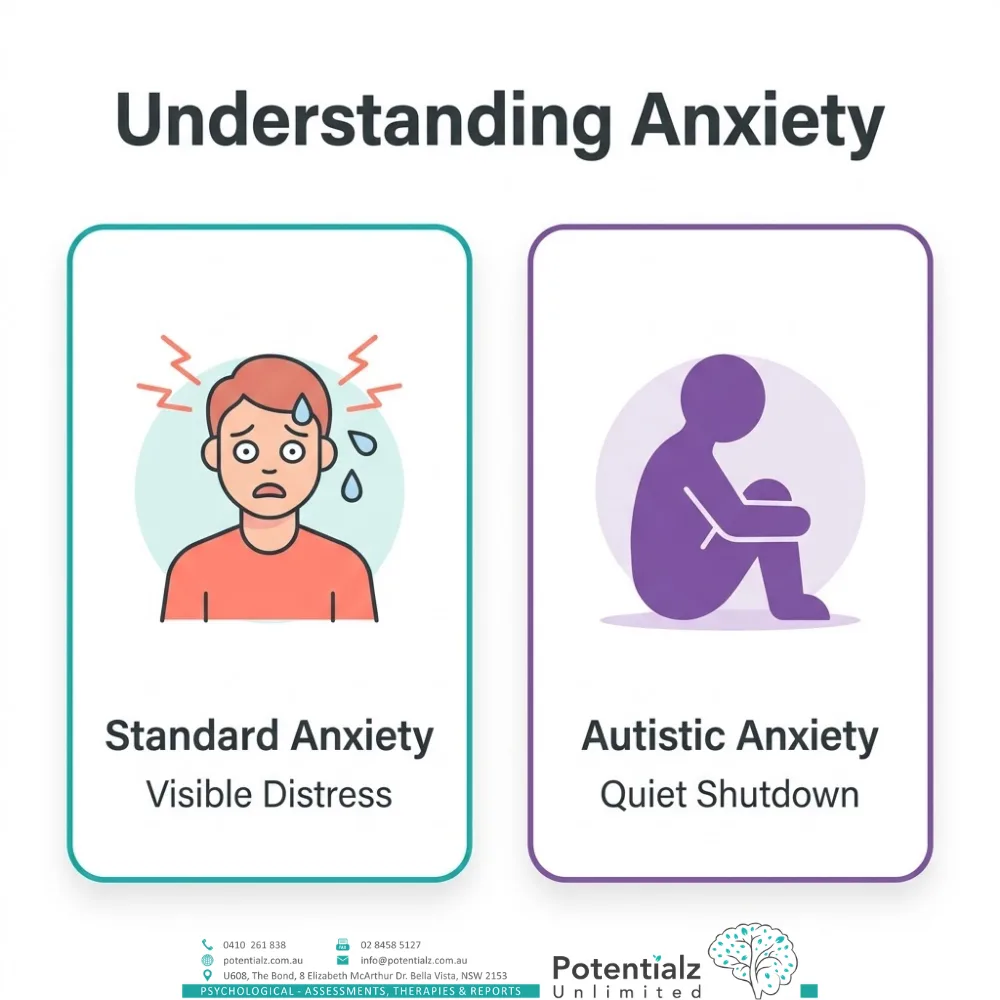 Two-panel infographic contrasting how anxiety presents — the standard picture of visible distress alongside the autistic pattern of quiet shutdown.