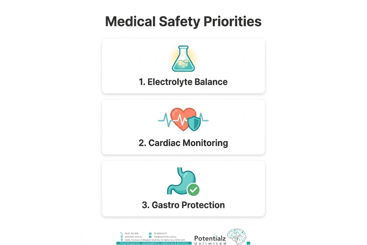 Three-panel infographic — medical safety priorities in bulimia treatment: electrolyte balance, cardiac monitoring, and gastrointestinal protection.