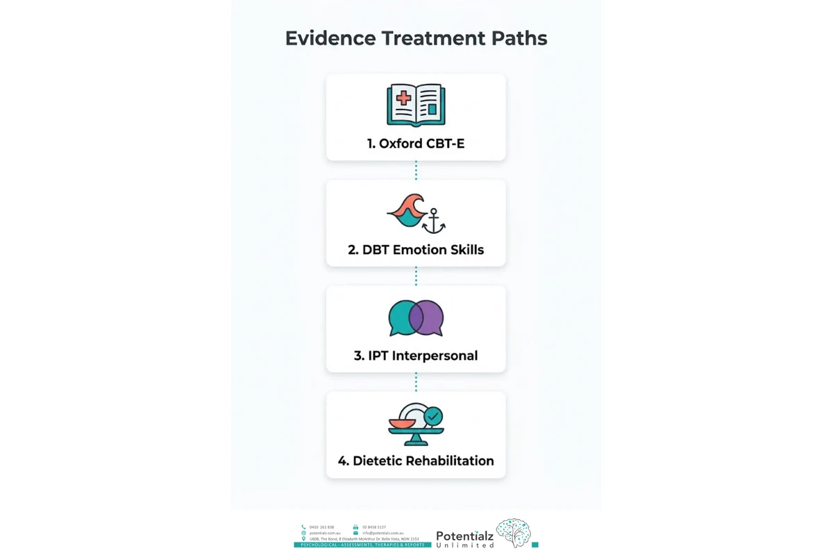 Four-step infographic — evidence-based treatment paths for bulimia: Oxford CBT-E, DBT emotion-regulation skills, IPT (interpersonal therapy), and dietetic rehabilitation.
