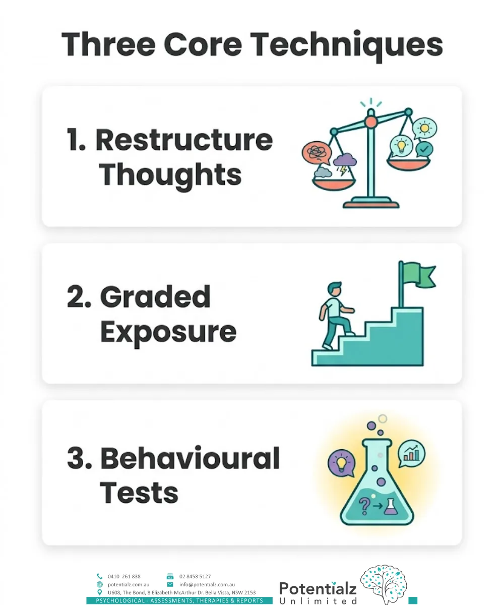 Three-panel infographic of the core CBT techniques for anxiety: restructure thoughts, graded exposure, and behavioural tests.
