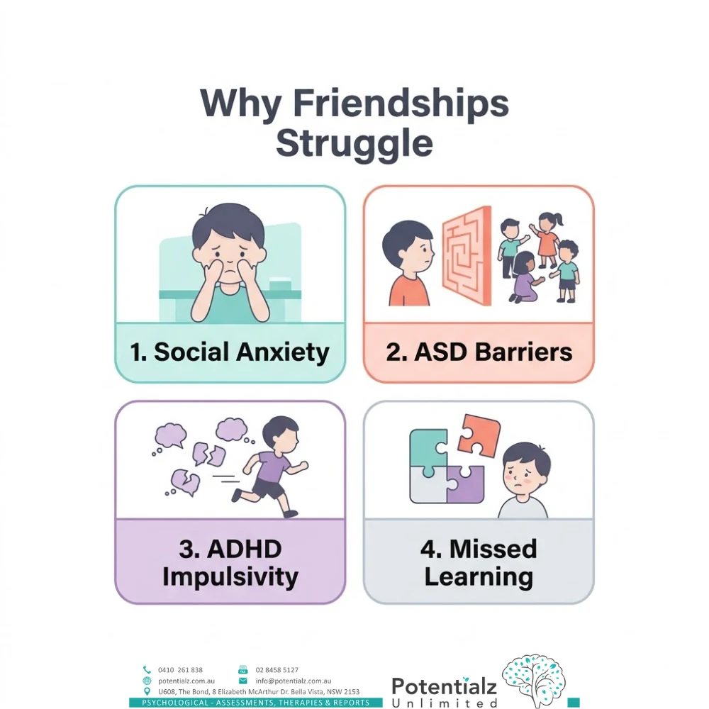 Four-panel infographic on why children struggle with friendships: social anxiety, ASD-related social barriers, ADHD impulsivity, and missed learning opportunities.