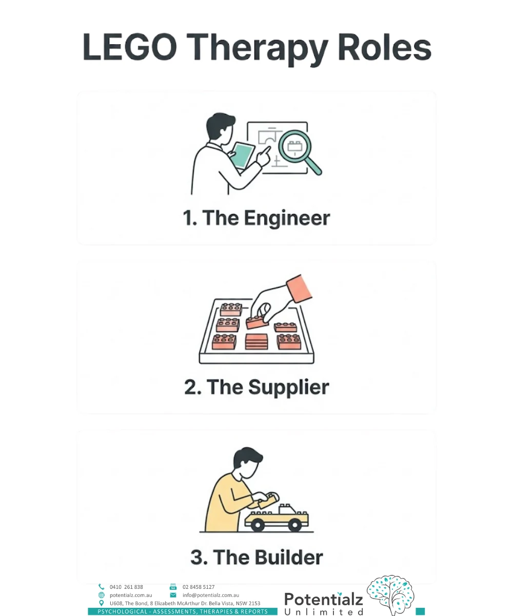 Infographic of the three collaborative LEGO-based therapy roles children rotate through: the Engineer, the Supplier, and the Builder.