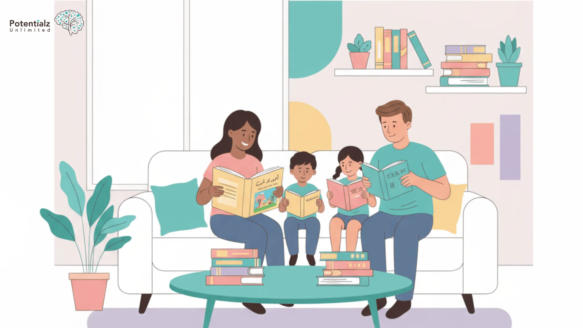 A family enjoys a cozy reading session with books in various languages, highlighting the beauty of multilingual learning at home.