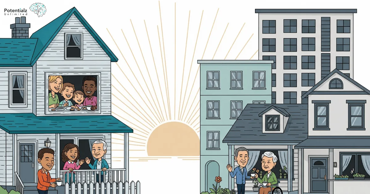 A new day dawns with hope and community as the sun rises over a friendly neighborhood, symbolizing connection and positivity.