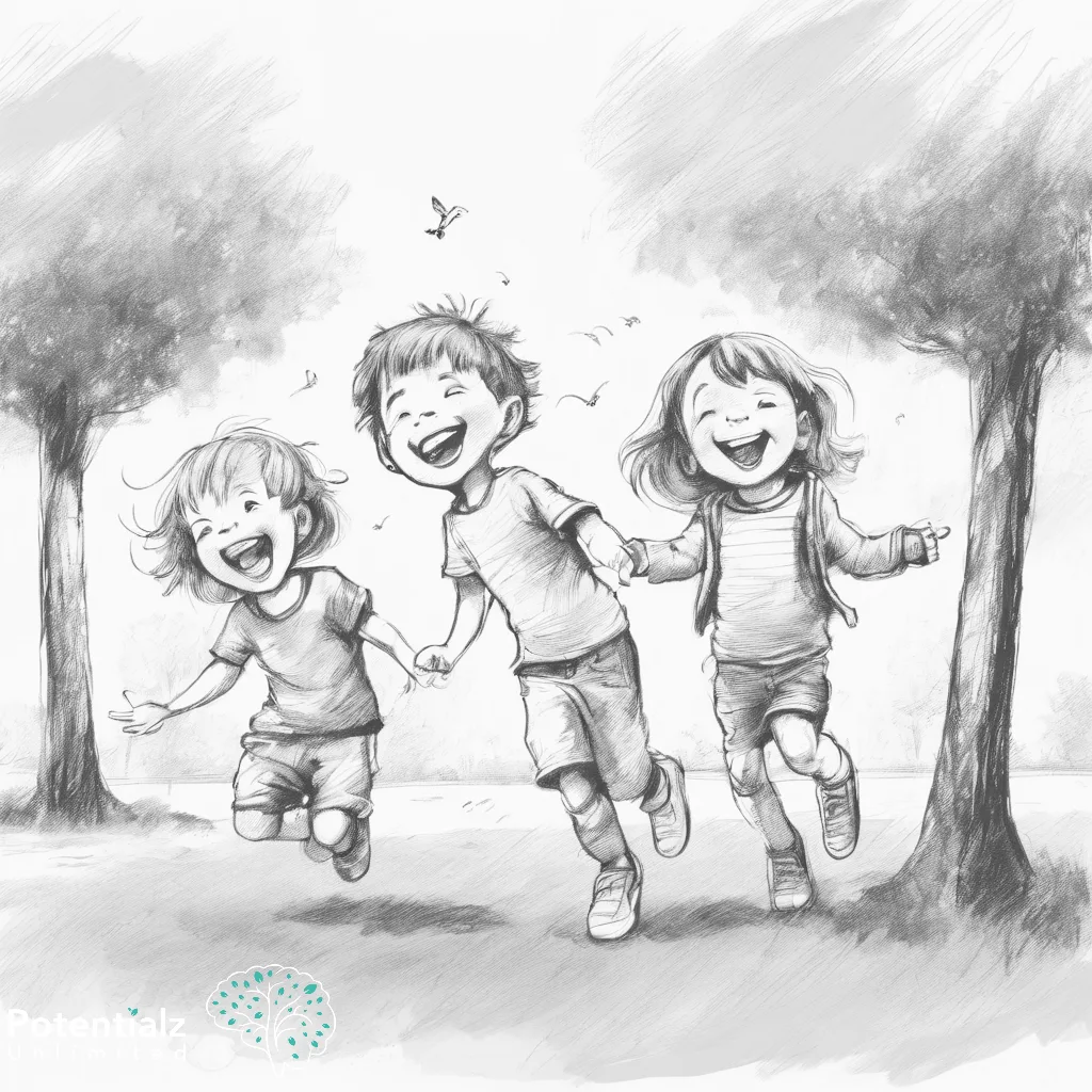 Children joyfully run hand in hand through the park, embodying the spirit of playful friendship and carefree fun in the great outdoors.