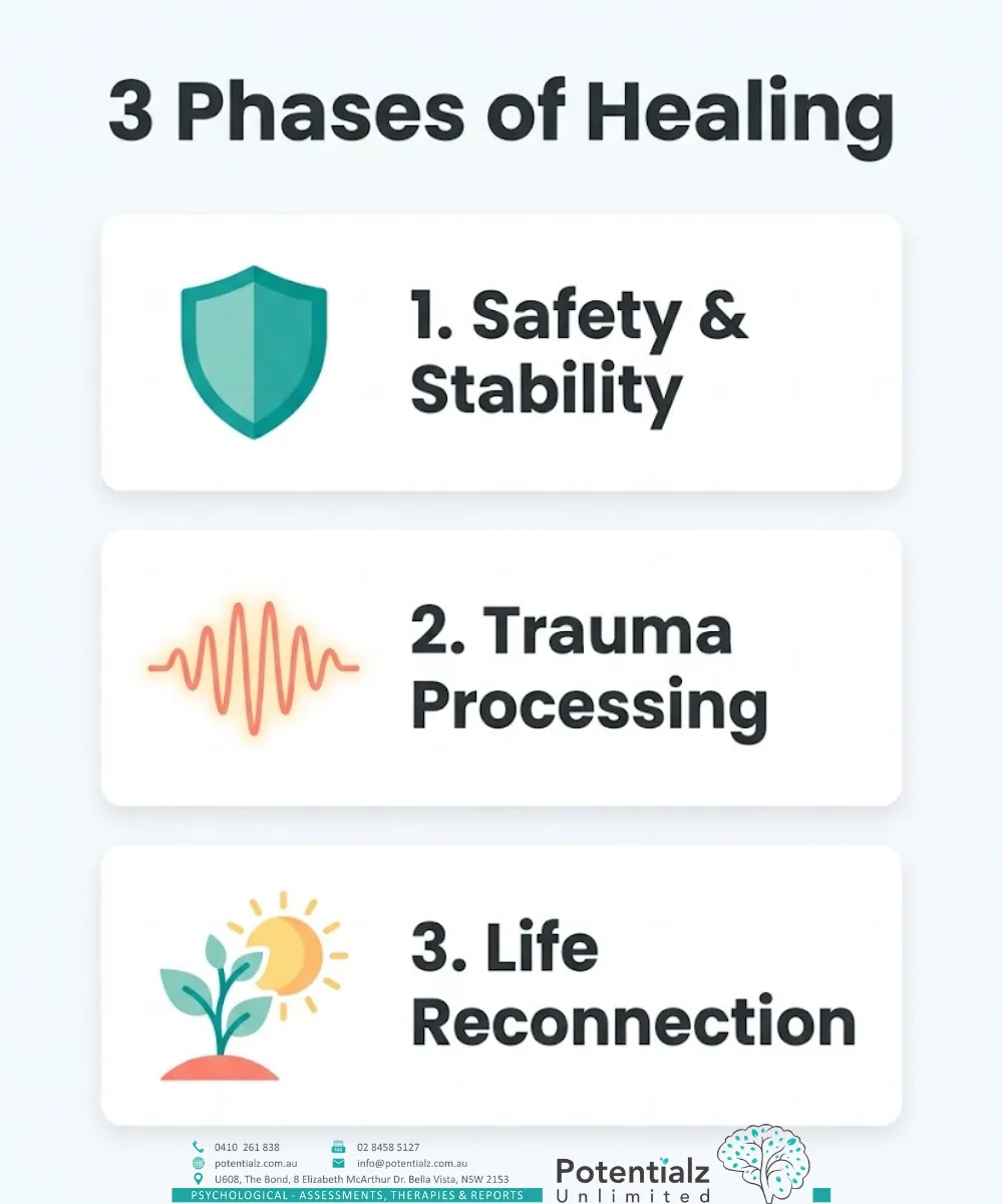 Three-step vertical infographic of Herman's phased model of trauma recovery: safety and stability, trauma processing, and life reconnection.