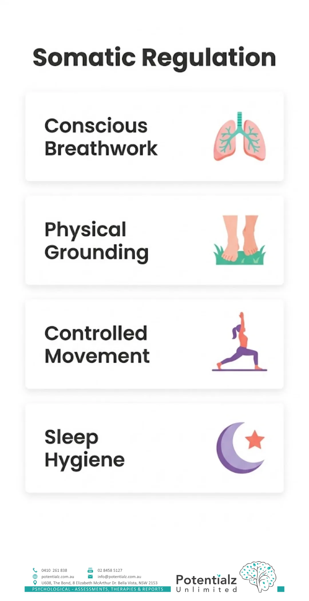 Four-panel vertical infographic of somatic regulation practices for cPTSD: conscious breathwork, physical grounding, controlled movement, and sleep hygiene.