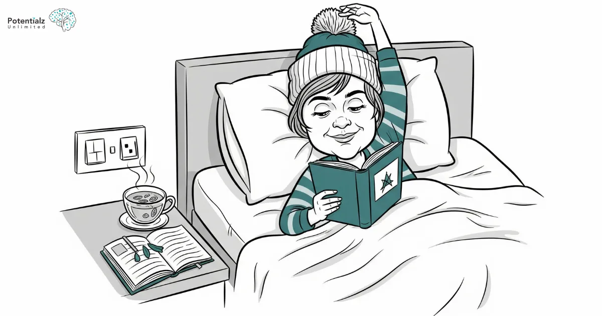 A serene bedtime ritual unfolds as someone cozily reads in bed, surrounded by soothing elements like a steaming cup of tea and cultural motifs, creating a peaceful atmosphere perfect for relaxation and reflection.