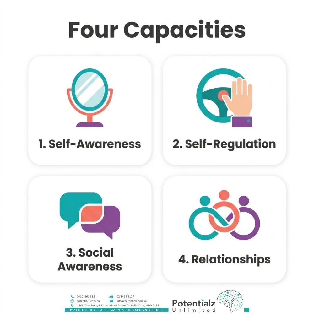 Four capacities of emotional intelligence for adults — self-awareness, self-regulation, social awareness and relationships