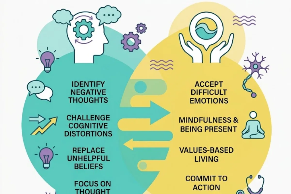 Infographic: two sources of dysregulation — neurological (amygdala–prefrontal circuit that is trainable via CBT/ACT/mindfulness) and developmental (early caregiving quality, invalidating environments, trauma); what was not learned in childhood can be learned in adulthood