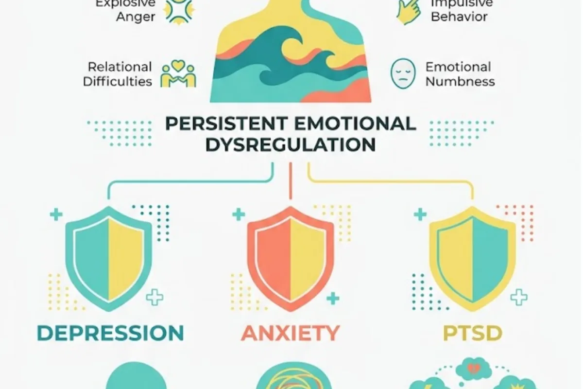 Infographic: when to seek assessment — persistent low mood + anhedonia + rumination (depression), threat-overestimation + slow return to baseline (anxiety), hyperreactivity + numbing (PTSD), intense rapidly-shifting states (personality presentations); dysregulation is transdiagnostic, right treatment depends on what's underneath