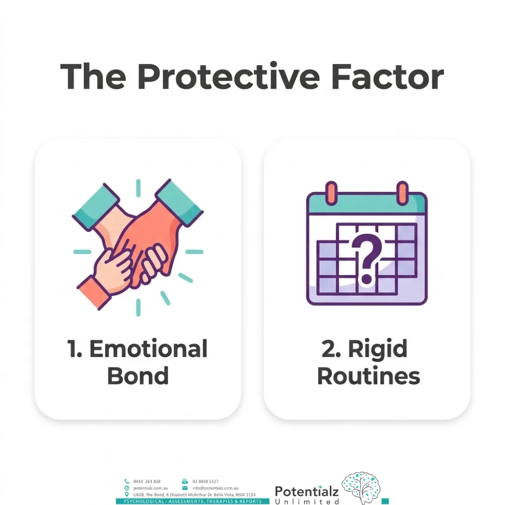 Two-panel infographic on the protective factors during family change — an emotional bond with a trusted adult and rigid daily routines.