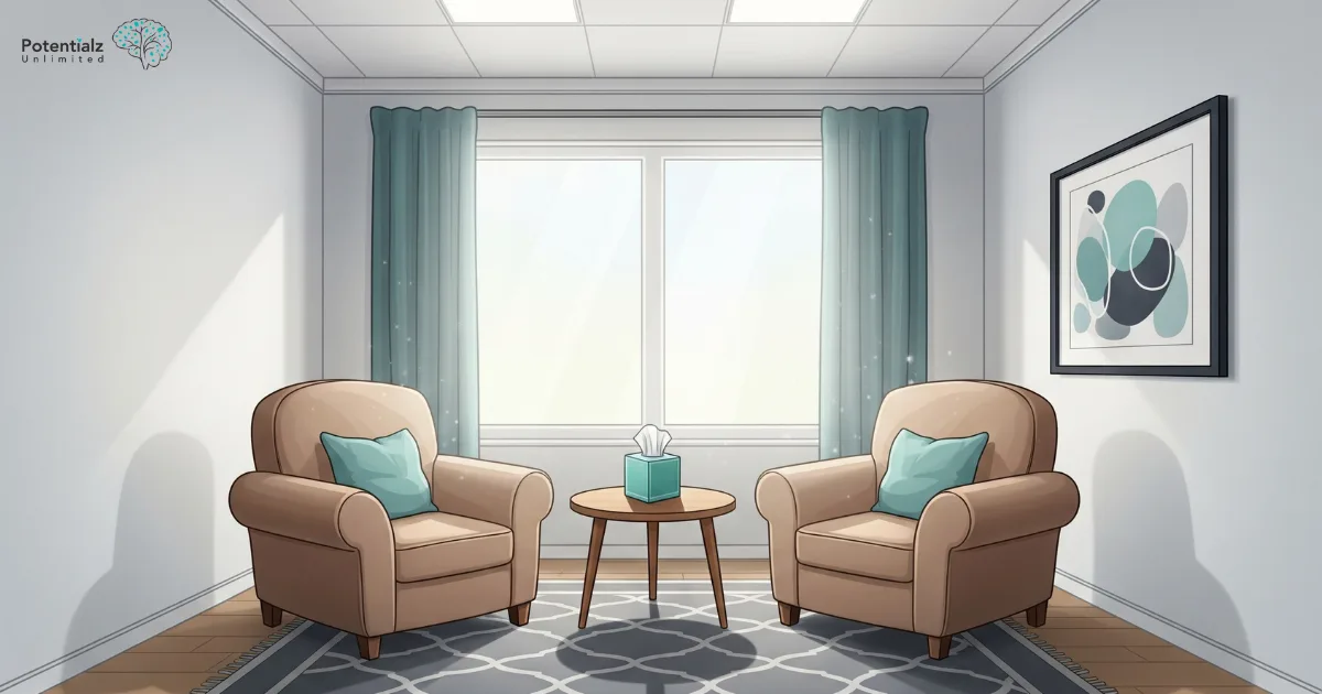 A serene and comfortable therapy room for grief counselling