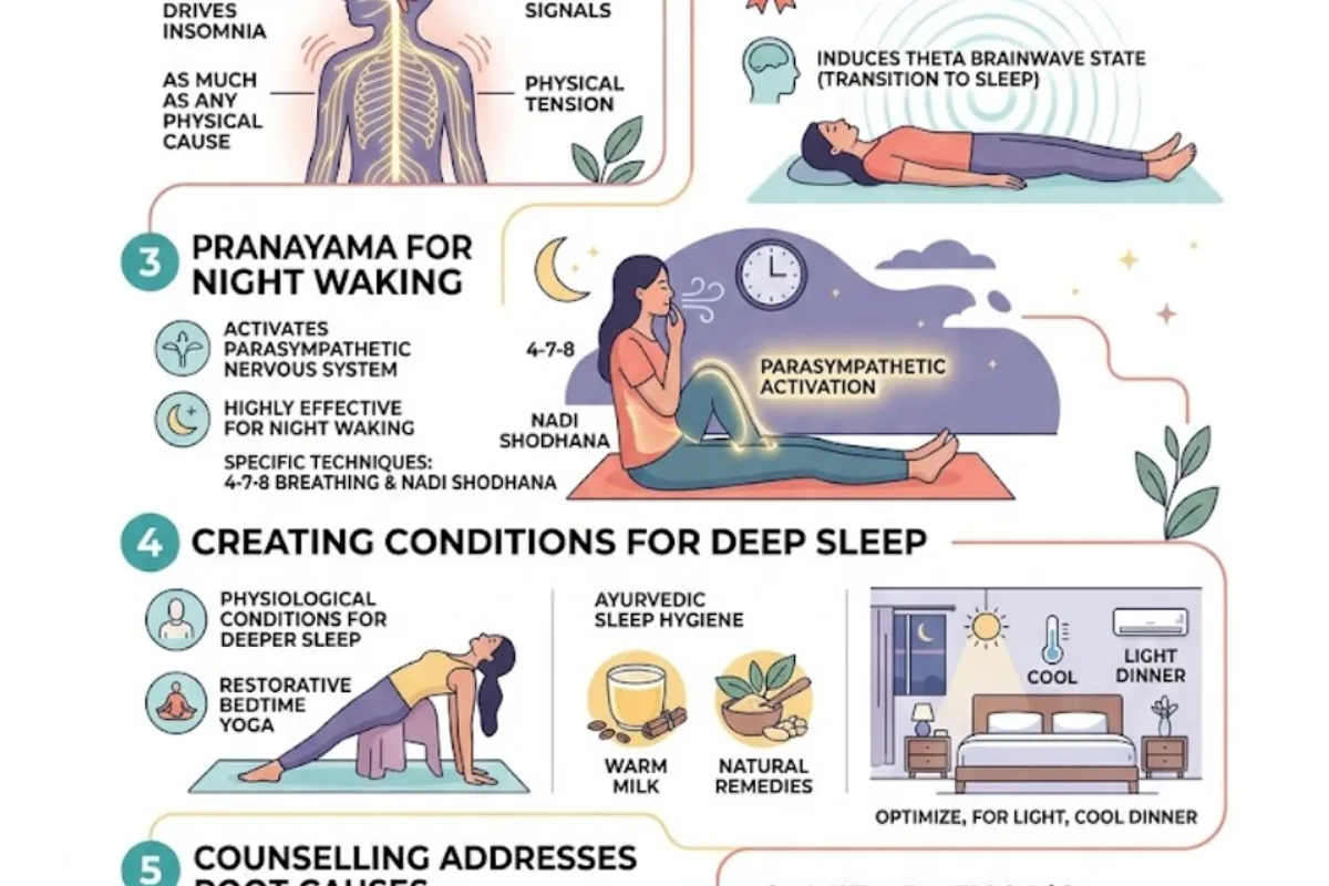Infographic: the hyperarousal model of insomnia (Riemann et al., 2010) — chronic sleep difficulty maintained by elevated cortisol, heart rate, body temperature, and active cognitive processing both night and day; sleep hygiene rarely reaches the underlying nervous-system state
