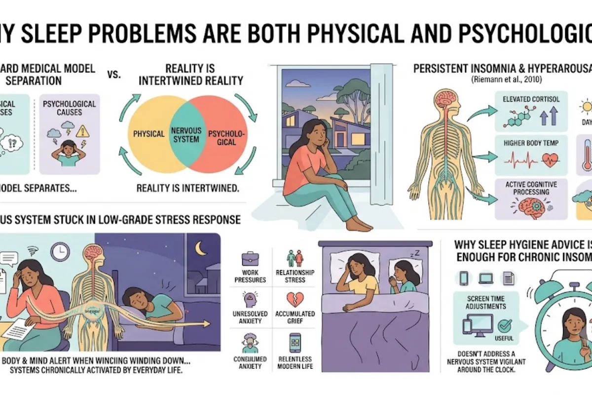 Infographic: yoga nidra ("yogic sleep") — a structured 20-45 min guided practice that induces theta brainwaves, systematically moving awareness through the body; Pandi-Perumal et al. (2022) systematic review found meaningful improvements in sleep quality and reductions in insomnia symptoms