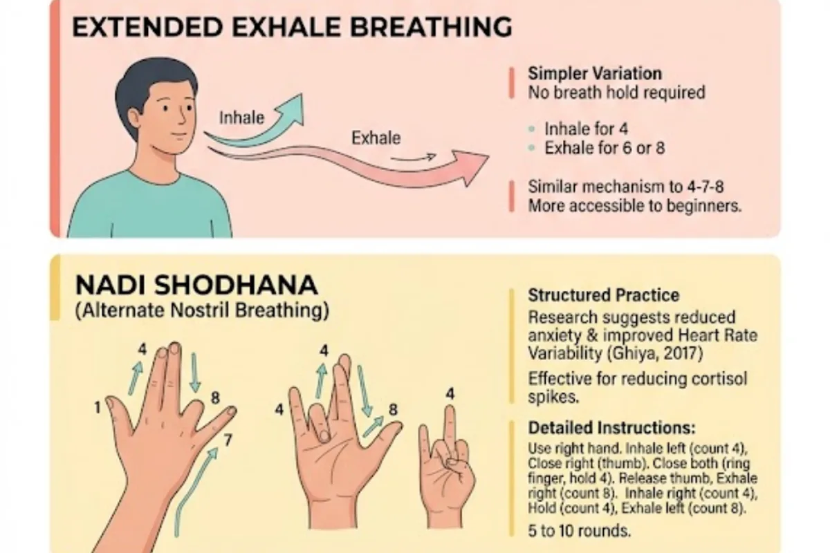 Infographic: 15-minute restorative bedtime sequence — Viparita Karani (legs-up-the-wall), Supta Baddha Konasana (reclining butterfly), Balasana (child's pose), Supta Matsyendrasana (supine twist); each held 3–5 minutes with long slow breaths