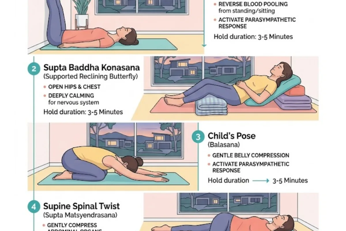 Infographic: holistic sleep hygiene — morning bright light (10-20 min in first hour of waking), core body temperature drop supported by 18-20°C bedroom and warm bath 60-90 min before bed, Ayurvedic evening meal light and early