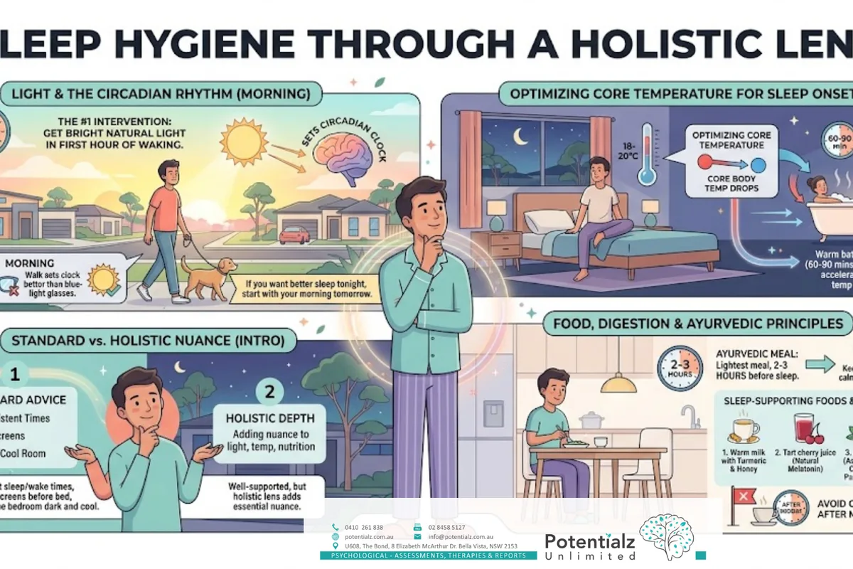 Infographic: sympathetic vs parasympathetic — sleep requires parasympathetic dominance; sympathetic activation stays on through unresolved daily stress, anxiety and rumination, anticipatory anxiety about sleep, and underlying mood difficulties