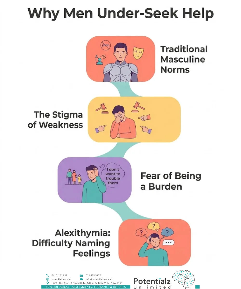 Why men under-seek help — masculine norms, stigma of weakness, fear of being a burden, and alexithymia