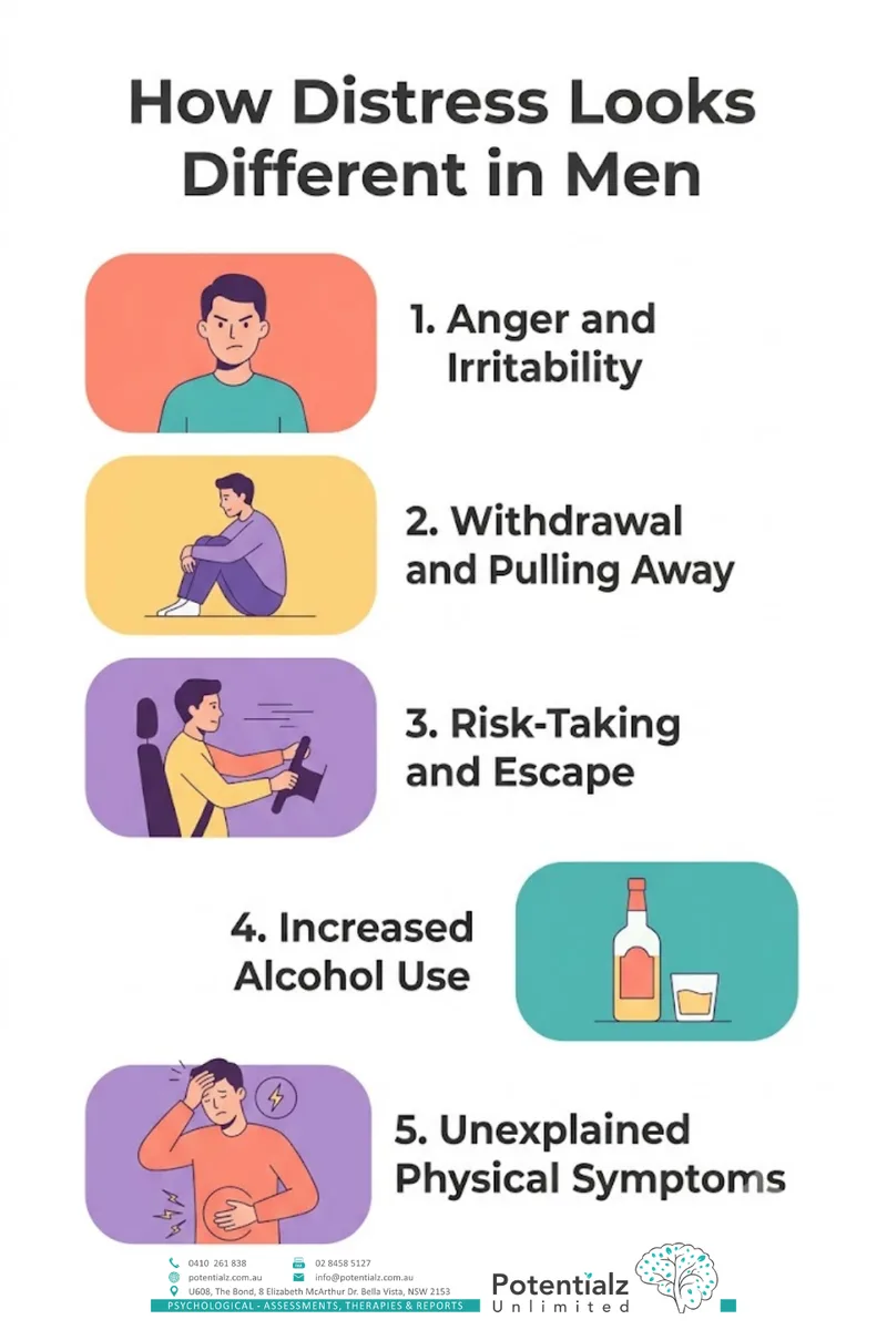 How distress looks different in men — anger and irritability, withdrawal, risk-taking, alcohol use, and physical symptoms