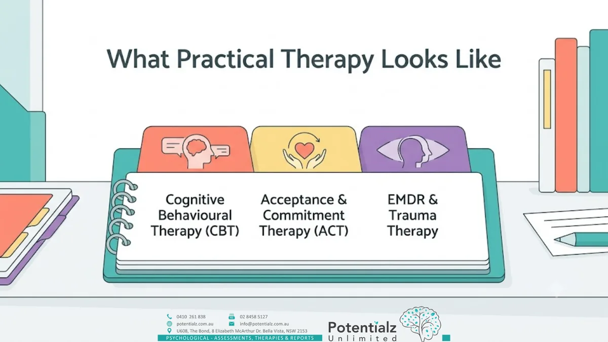 What practical therapy looks like — Cognitive Behavioural Therapy (CBT), Acceptance and Commitment Therapy (ACT), and EMDR & trauma therapy
