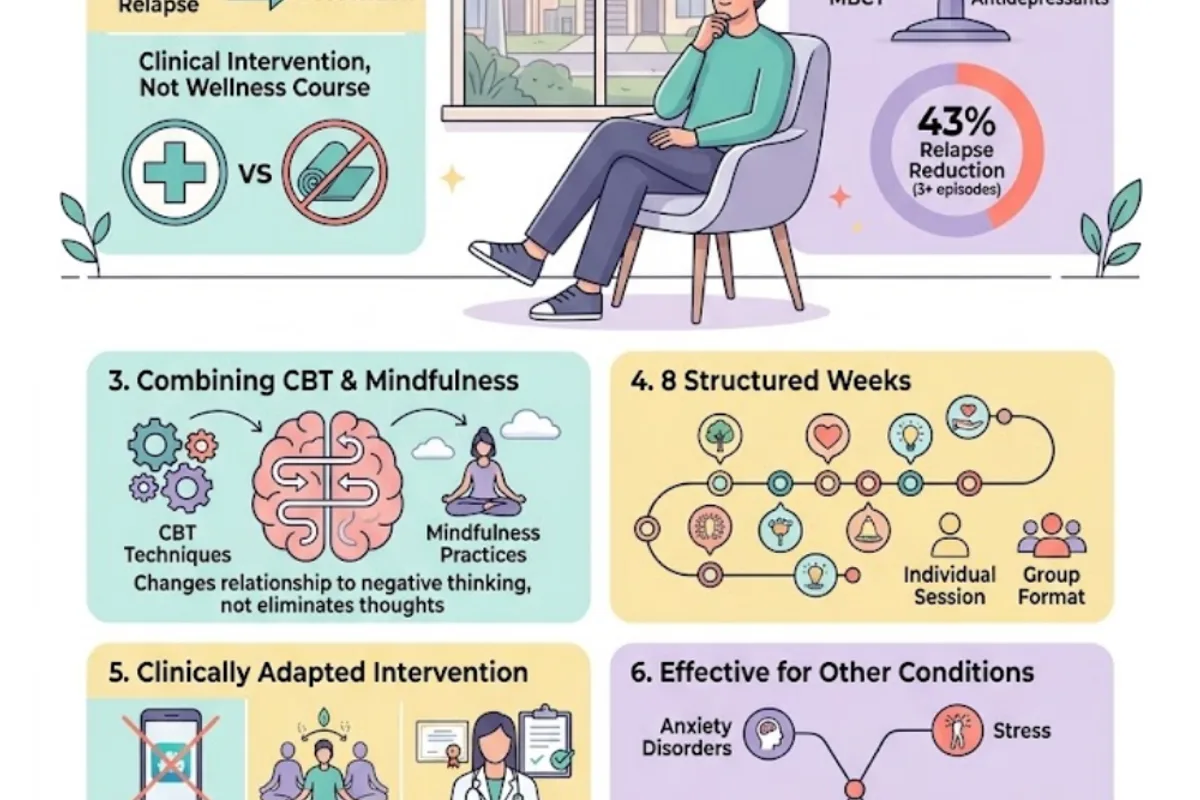 Infographic: MBCT's core insight — for recurrent depression, changing what you think isn't always enough; changing how you relate to your thoughts (metacognitive awareness / de-centring) is the mechanism that prevents rumination-driven relapse