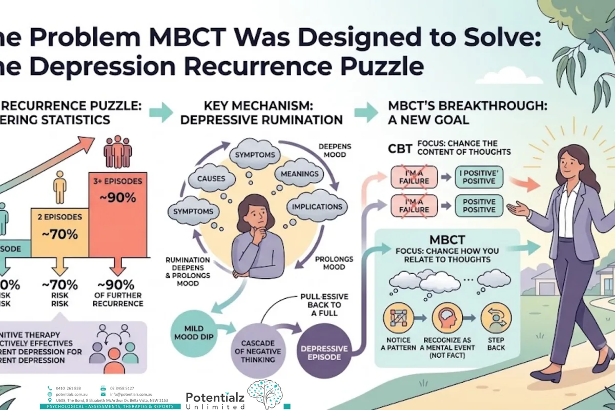 Infographic: the depression recurrence trajectory — after 1 episode ~50% risk of a second; after 2 episodes ~70%; after 3+ episodes ~90% risk of further recurrence; depressive rumination is the maintaining mechanism