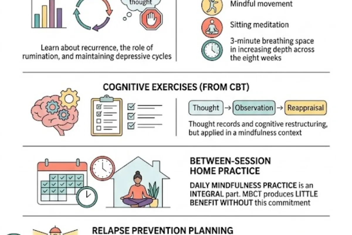 Infographic: MBCT's 8-week structured programme — psychoeducation about depression and rumination, mindfulness practices (body scan, sitting meditation, three-minute breathing space), CBT-based cognitive exercises, daily home practice, and personalised relapse prevention planning