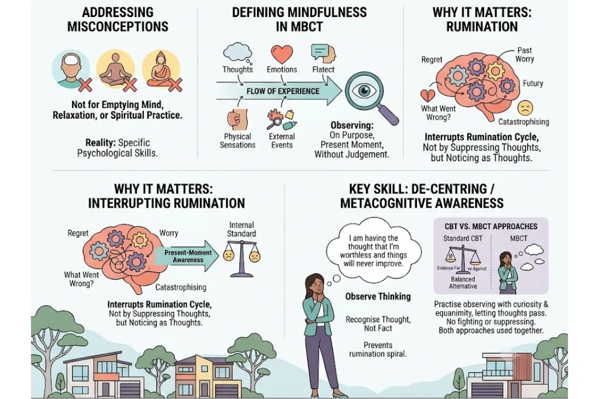 Infographic: MBCT's evidence base — Teasdale et al. (2000) landmark RCT reduced relapse from 66% to 37% over 60 weeks for people with 3+ episodes; Kuyken et al. (2016) JAMA Psychiatry meta-analysis of 9 RCTs found effect sizes comparable to maintenance antidepressants