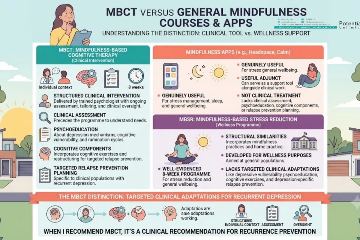 Infographic: MBCT indications — recurrent depression (3+ episodes) is the strongest, plus people reducing antidepressant reliance, rumination-driven presentations, and anxiety clients wanting complementary skills; less appropriate for acute severe depression or unstabilised trauma