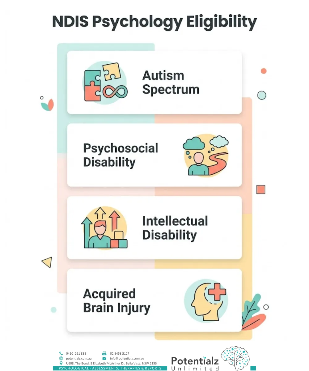 Four-panel infographic — NDIS psychology eligibility categories: Autism Spectrum, Psychosocial Disability, Intellectual Disability, and Acquired Brain Injury.