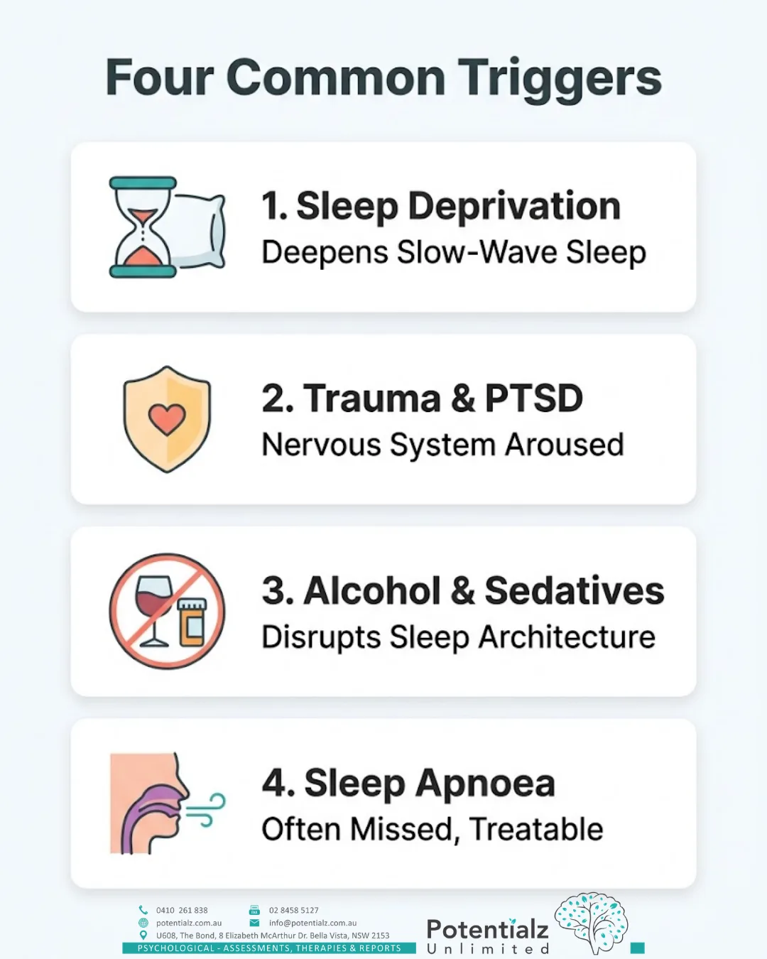 Four common triggers for adult night terrors: sleep deprivation, trauma and PTSD, alcohol and sedatives, and sleep apnoea