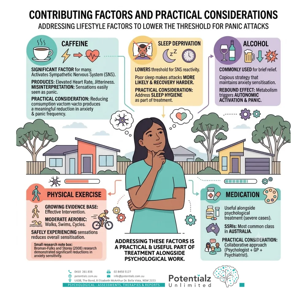 Contributing factors to panic attacks infographic — caffeine and the sympathetic nervous system, sleep deprivation, alcohol rebound, the role of physical exercise, and medication considerations