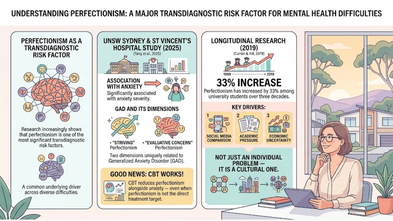 Infographic on perfectionism as a transdiagnostic risk factor for mental health — a UNSW Sydney 2025 study linking it to anxiety severity, a 33% rise over three decades, and evidence that CBT reduces perfectionism
