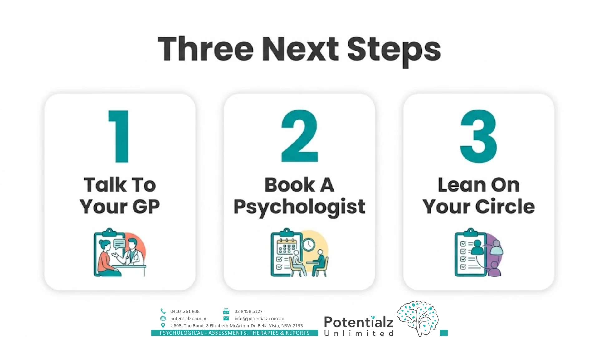 Three next steps for a new mother considering therapy for postnatal depression — talk to your GP, book a psychologist, lean on your circle