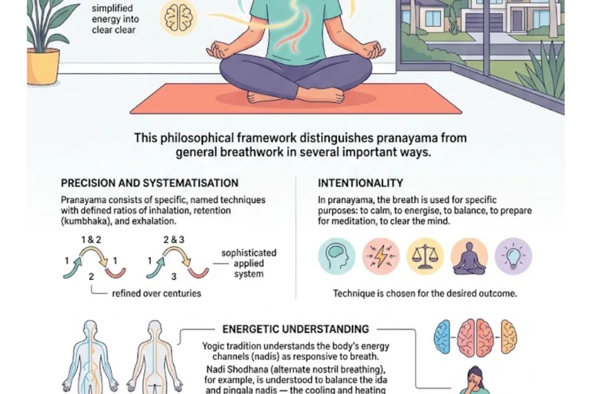 Infographic: pranayama = prana (life force) + ayama (extension) — a systematic yogic tradition of named techniques with defined breath ratios; distinct from general breathwork by its precision, intentionality, and energetic understanding of nadis (energy channels)